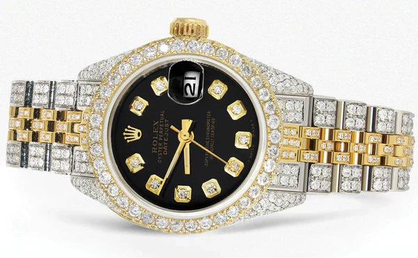 Full Diamond Bust Down Rolex Datejust Gold Watch for Women | 1 Carat Bezel | 26MM | Black Dial | Jubilee Band