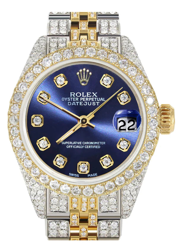 Full Diamond Bust Down Rolex Datejust Watch for Women | 1 Carat Bezel | 26MM | Blue Diamond Dial | Jubilee Band