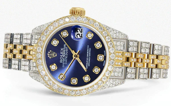 Full Diamond Bust Down Rolex Datejust Watch for Women | 1 Carat Bezel | 26MM | Blue Diamond Dial | Jubilee Band
