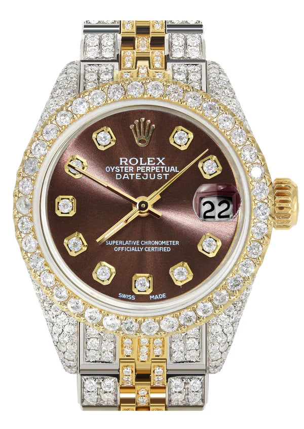 Full Diamond Bust Down Rolex Datejust Watch for Women | 1 Carat Bezel | 26MM | Brown Diamond Dial - Chocolate Diamond Dial | Jubilee Band