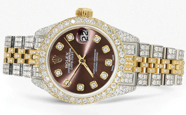 Full Diamond Bust Down Rolex Datejust Watch for Women | 1 Carat Bezel | 26MM | Brown Diamond Dial - Chocolate Diamond Dial | Jubilee Band