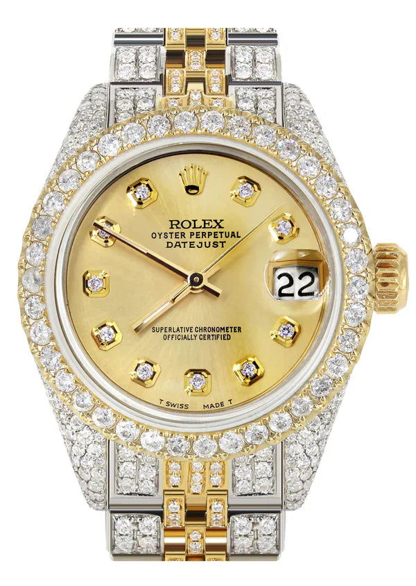 Full Diamond Bust Down Rolex Datejust Watch for Women | 1 Carat Bezel | 26MM | Gold Diamond Dial | Jubilee Band