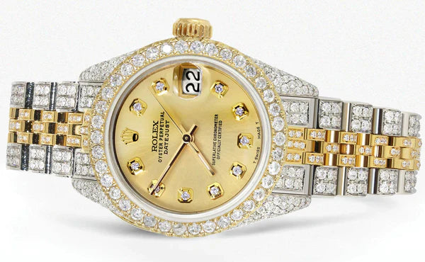 Full Diamond Bust Down Rolex Datejust Watch for Women | 1 Carat Bezel | 26MM | Gold Diamond Dial | Jubilee Band