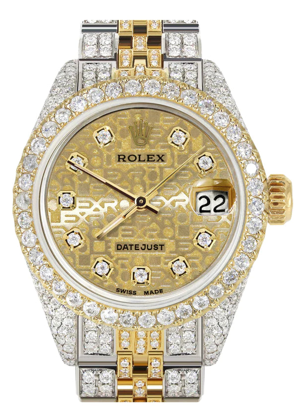 Full Diamond Bust Down Rolex Datejust Watch for Women | 1 Carat Bezel | 26MM | Texture Gold Diamond Dial | Jubilee Band