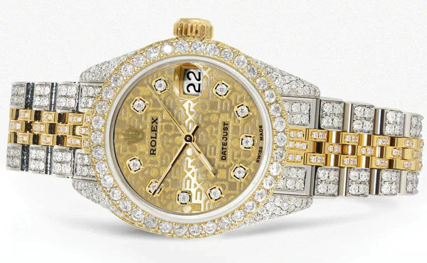 Full Diamond Bust Down Rolex Datejust Watch for Women | 1 Carat Bezel | 26MM | Texture Gold Diamond Dial | Jubilee Band