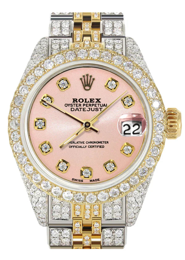Full Diamond Bust Down Rolex Datejust Watch for Women | 1 Carat Bezel | 26MM | Salmon Pink Diamond Dial | Jubilee Band