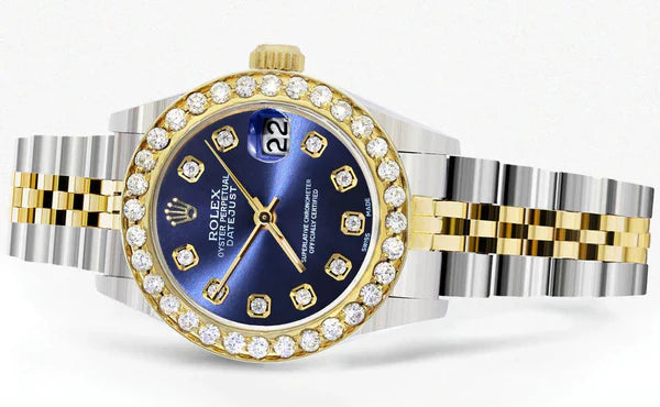 Diamond Rolex Datejust Watch for Women | 1 Carat Bezel | 26MM | Blue Diamond Dial | Jubilee Band
