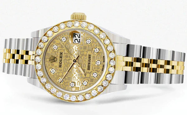 Diamond Rolex Datejust Watch for Women | 1 Carat Bezel | 26MM | Texture Gold Diamond Dial | Jubilee Band