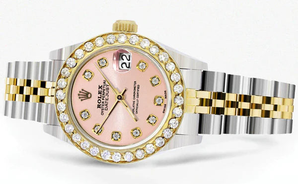 Diamond Rolex Datejust Watch for Women | 1 Carat Bezel | 26MM | Salmon Pink Diamond Dial | Jubilee Band