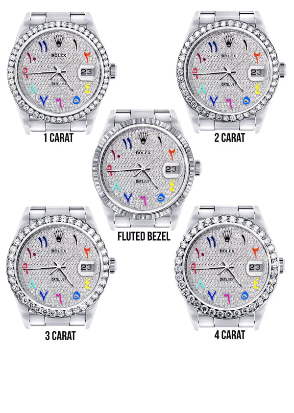 Diamond Rolex Datejust Watch 16200 | 36MM | Full Diamond Color Arabic Dial | Stainless Steel | Oyster Band