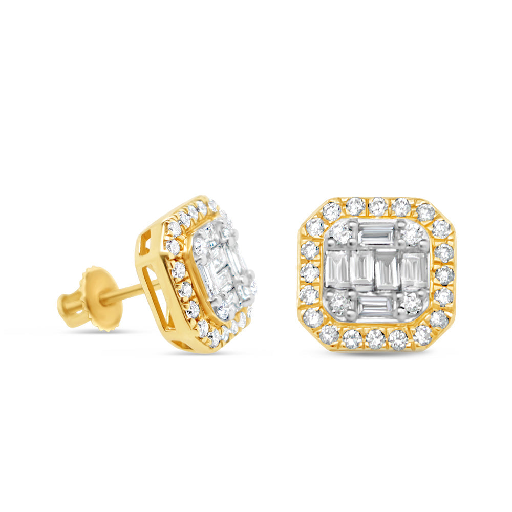 Gold Baguette and Round Diamond Square Earrings| Yellow Gold 10K| 1.04CT | 10MM