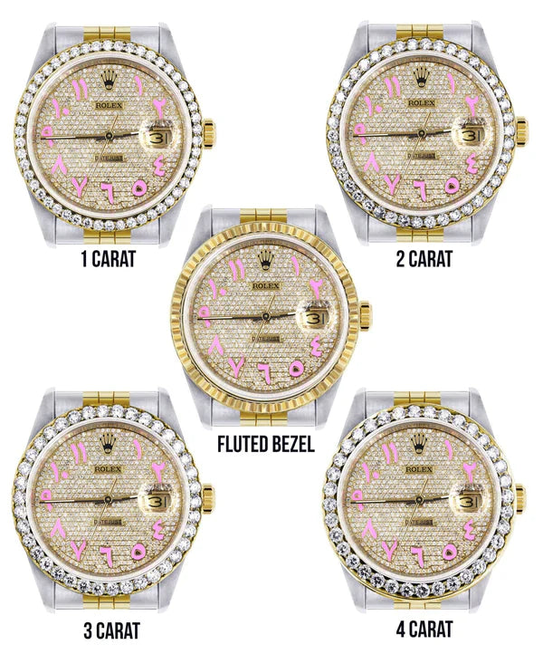 Diamond Gold Rolex Datejust Watch 16233 | 36MM | Pink Arabic Full Diamond Dial | Stainless Steel | Jubilee Band
