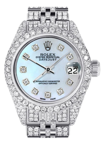 Full Diamond Bust Down Rolex Datejust Watch for Women | 1 Carat Bezel | 26MM | Blue Mother of Pearl Diamond Dial | Jubilee Band