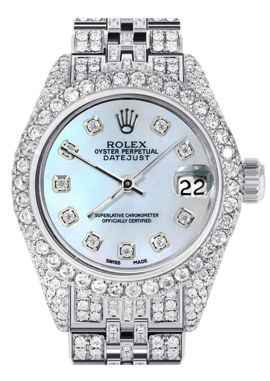 Full Diamond Bust Down Rolex Datejust Watch for Women | 1 Carat Bezel | 26MM | Blue Mother of Pearl Diamond Dial | Jubilee Band