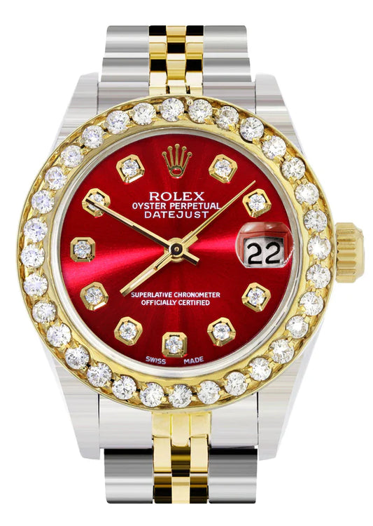 Diamond Rolex Datejust Watch for Women  | 1 Carat Bezel | 26MM | Red Diamond Dial | Jubilee Band