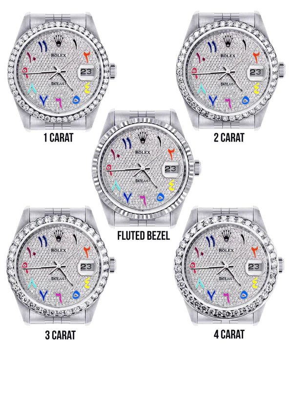 Diamond Rolex Datejust Watch 16200 | 36MM | Full Diamond Color Arabic Dial | Stainless Steel | Jubilee Band
