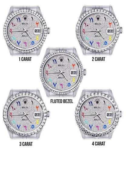 Diamond Rolex Datejust Watch 16200 | 36MM | Full Diamond Color Arabic Dial | Stainless Steel | Jubilee Band