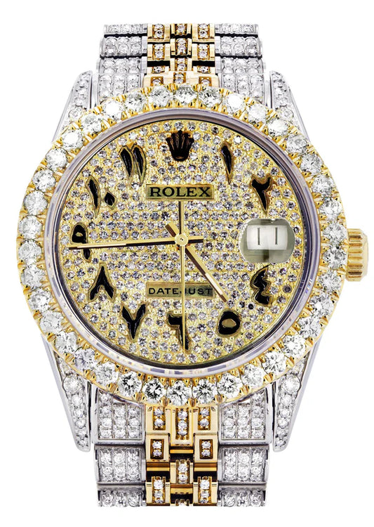 Iced Out Rolex Datejust | 36MM | Full Diamond Arabic Diamond Dial | Two Tone | Diamond Jubilee Band | 10 Carats of Diamonds
