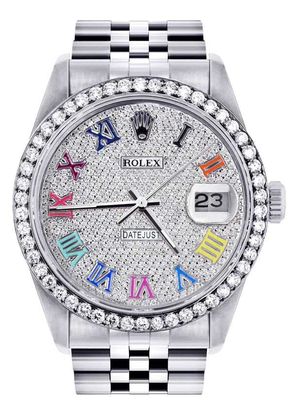 Diamond Rolex Datejust Watch 16200 | 36MM | Full Diamond Color Roman Dial | Stainless Steel | Jubilee Band