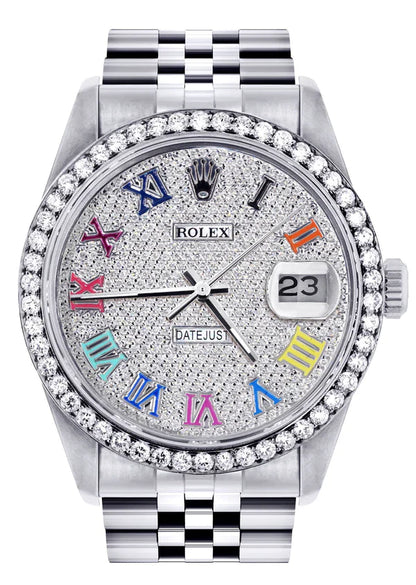 Diamond Rolex Datejust Watch 16200 | 36MM | Full Diamond Color Roman Dial | Stainless Steel | Jubilee Band