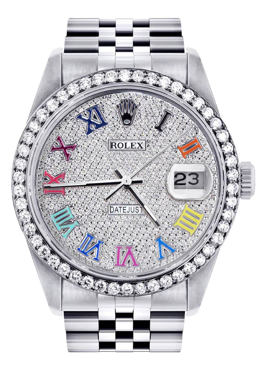 Diamond Rolex Datejust Watch 16200 | 36MM | Full Diamond Color Roman Dial | Stainless Steel | Jubilee Band
