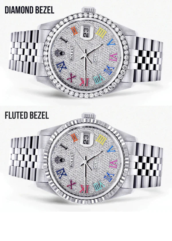 Diamond Rolex Datejust Watch 16200 | 36MM | Full Diamond Color Roman Dial | Stainless Steel | Jubilee Band