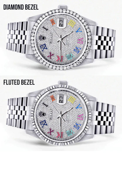 Diamond Rolex Datejust Watch 16200 | 36MM | Full Diamond Color Roman Dial | Stainless Steel | Jubilee Band