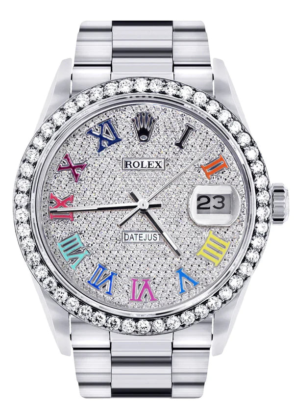 Diamond Rolex Datejust Watch 16200 | 36MM | Full Diamond Color Roman Dial | Stainless Steel | Oyster Band