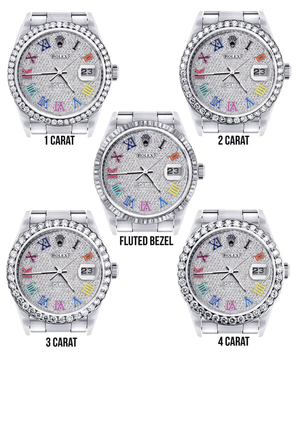 Diamond Rolex Datejust Watch 16200 | 36MM | Full Diamond Color Roman Dial | Stainless Steel | Oyster Band