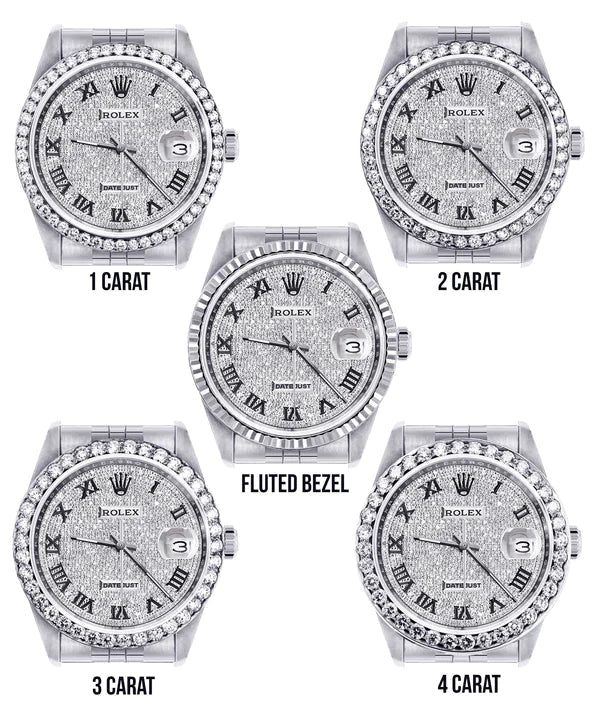 Diamond Rolex Datejust Watch 16200 | 36MM | Full Diamond Roman Dial | Stainless Steel | Jubilee Band