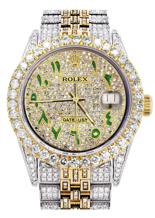 Iced Out Rolex Datejust | 36MM | Full Diamond Green Arabic Diamond Dial | Two Tone | Diamond Jubilee Band | 10 Carats of Diamonds |