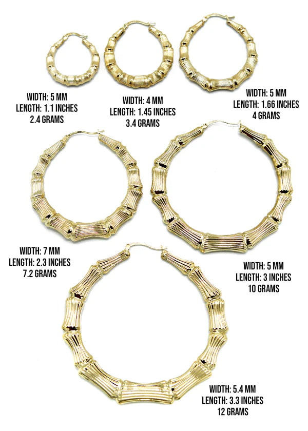 10K Womens Bamboo Gold Hoop Earrings | Customizable Size