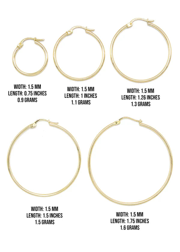10K Womens Gold Hoop Earrings | Customizable Size | 1.5 MM