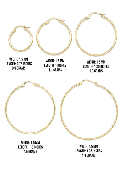 10K Womens Gold Hoop Earrings | Customizable Size | 1.5 MM