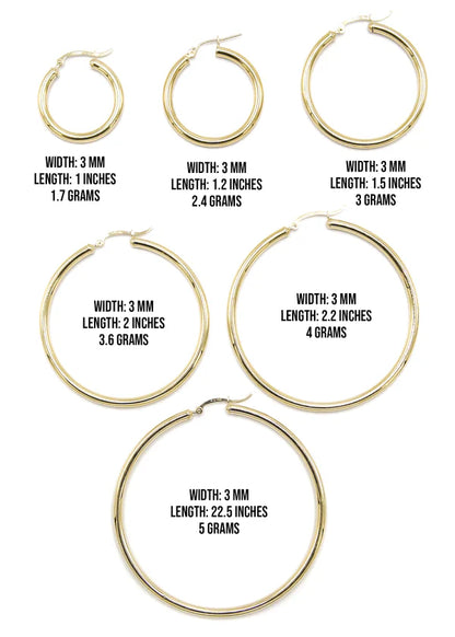 10K Womens Gold Hoop Earrings | Customizable Size | 3 MM
