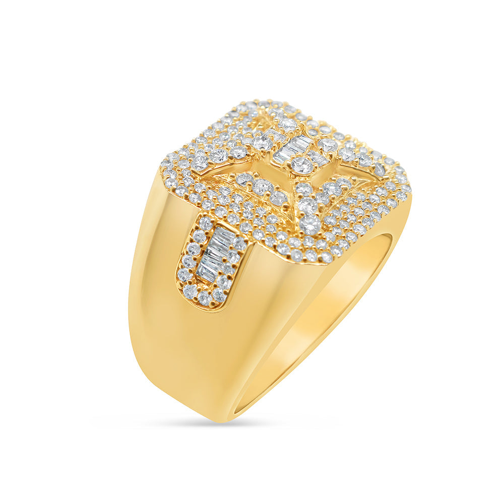 Mens Gold Round and Baguette Diamond Big Square X Pinky Ring | 10K Yellow Gold | 1.72CTW