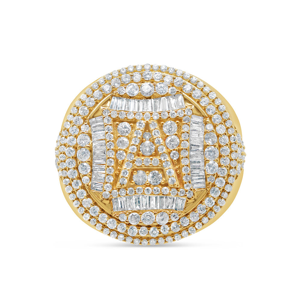Mens Gold Round and Baguette Diamond "A" Letter Pinky Ring | 14K Yellow Gold | 2.00CTW