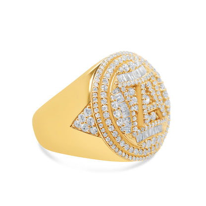 Mens Gold Round and Baguette Diamond "A" Letter Pinky Ring | 14K Yellow Gold | 2.00CTW