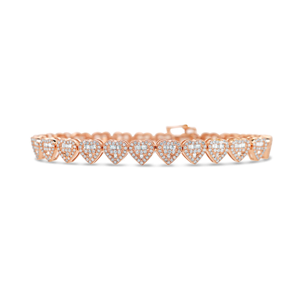 14K Gold 3.00CT Baguette and Round Diamond - Heart Bracelet