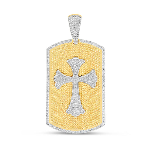 Dog Tag with Cross - Yellow Gold Diamond Pendant | 1.38 CTW | 10K