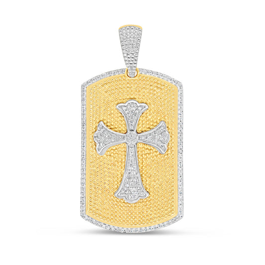 Dog Tag with Cross - Yellow Gold Diamond Pendant | 1.38 CTW | 10K