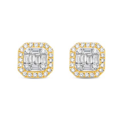 Gold Baguette and Round Diamond Square Earrings| Yellow Gold 10K|  1.04CT | 10MM