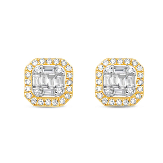 Gold Baguette and Round Diamond Square Earrings| Yellow Gold 10K|  1.04CT | 10MM