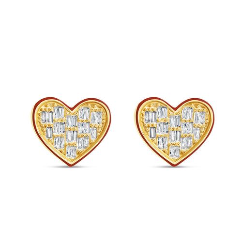 Gold Baguette Diamond Heart with Red Enamel Earrings | Yellow Gold 14K | 0.50CT | 13MM