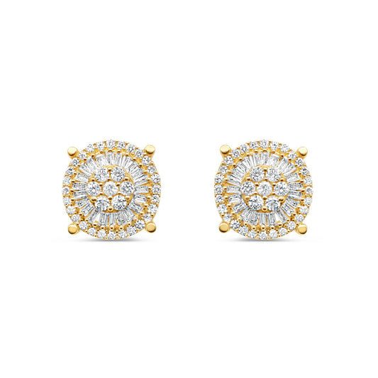 14K Yellow Gold | Round and Baguette Diamond Earrings | 1.01CT | 11.8MM