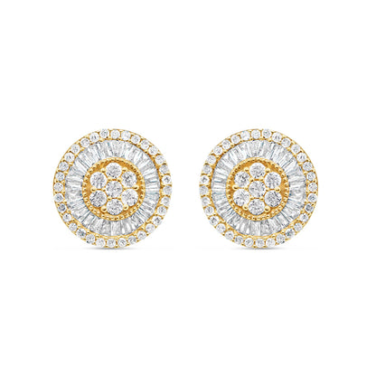 14K Yellow Gold | Round and Baguette Diamond Round Earrings | 1.01CTW | 11.2MM