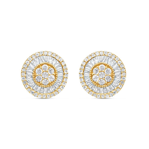 14K Yellow Gold | Round and Baguette Diamond Round Earrings | 1.01CTW | 11.2MM