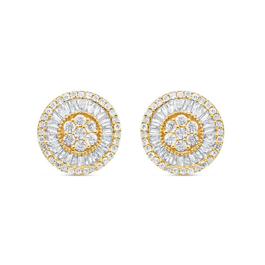 14K Yellow Gold | Round and Baguette Diamond Round Earrings | 1.01CTW | 11.2MM