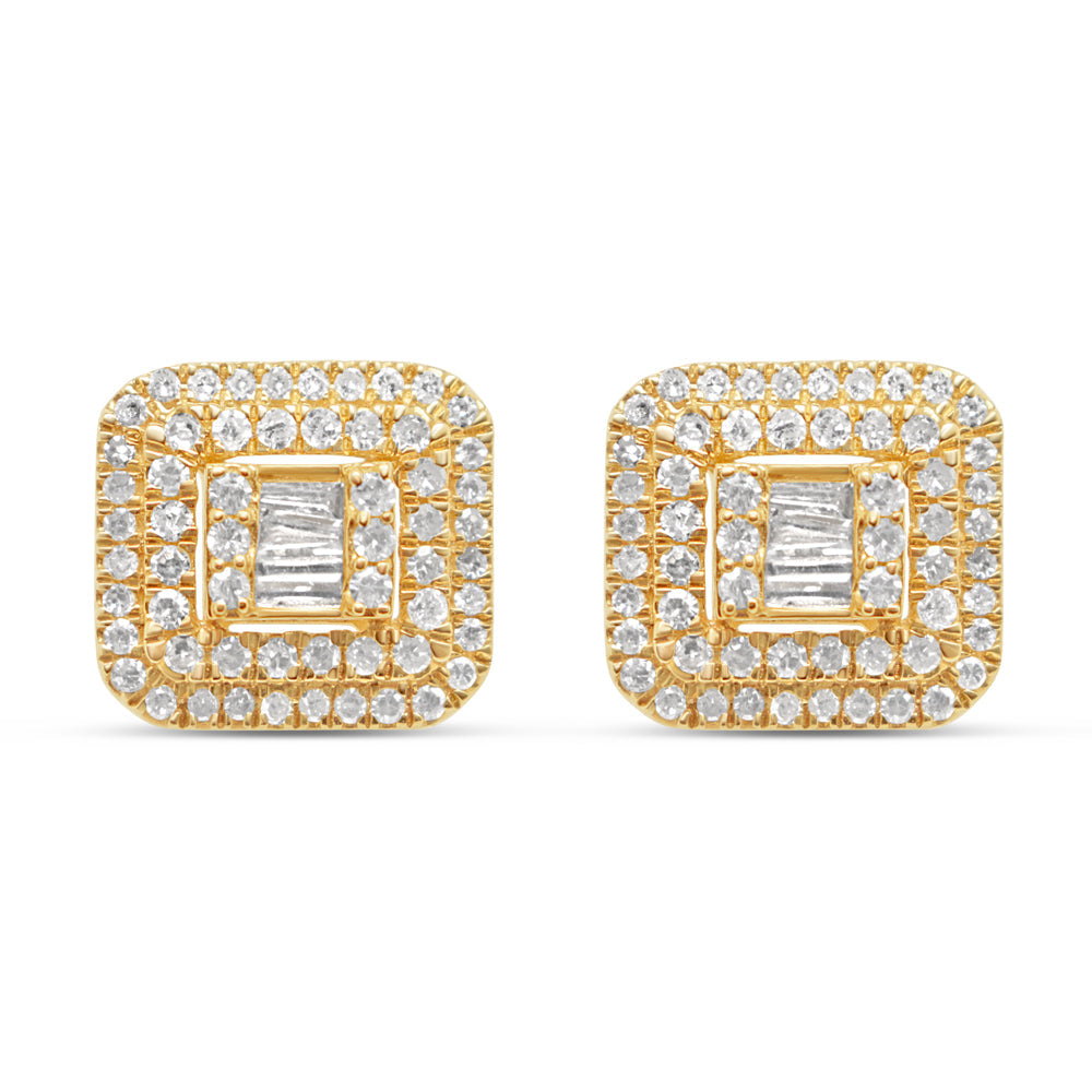 14K Yellow Gold | Round and Baguette Diamond Square Earrings | 1.7CTW | 10.3MM