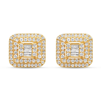 14K Yellow Gold | Round and Baguette Diamond Square Earrings | 1.7CTW | 10.3MM